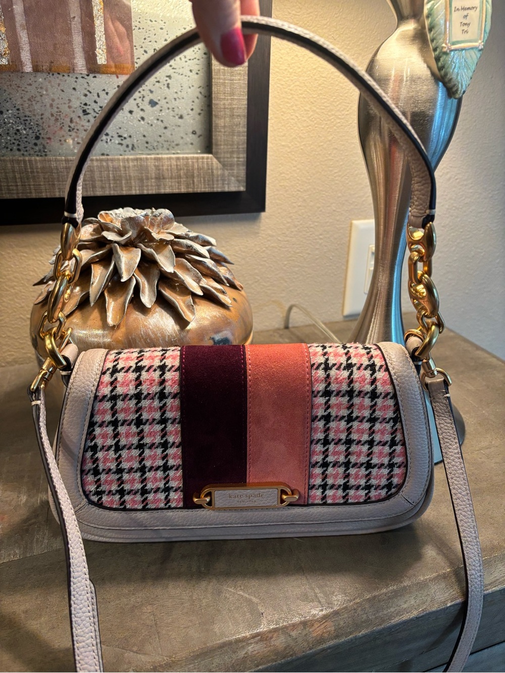 kate spade Pink Plaid Suede-Trim Shoulder Bag with Burgundy & Rose Stripes